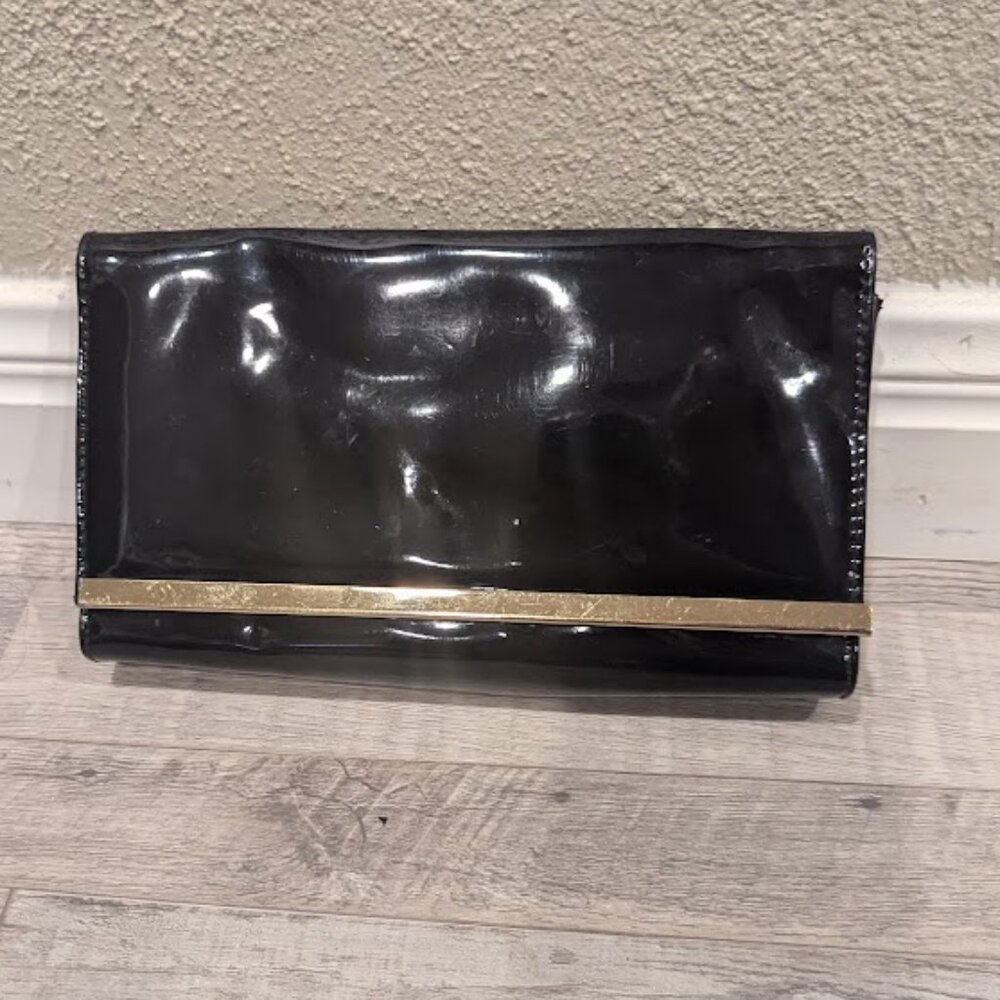 Estée Lauder Black Patent Glossy Evening Clutch | Gold Bar Trim